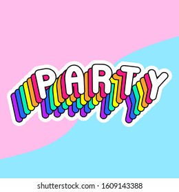 "Party" text slogan poster, card. Colorful, rainbow-colored word vector illustration. Fun cartoon style design.