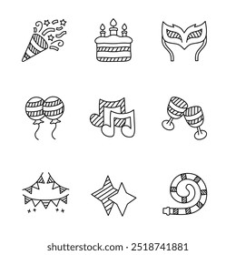 party theme icon set.doodle party icons,confetti,balloons,cakes,masks and more.