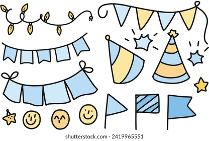 party theme line art set. hand drawn doodles