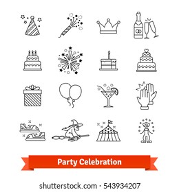 Party thin line art icons set. Festive and entertainment events, celebration, festivities. Linear style symbols isolated on white.