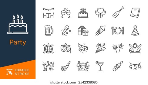 Party thin line icons. Editable stroke. Pixel perfect.