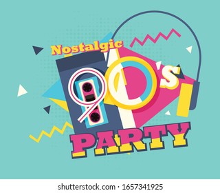 Party time The 90s style label. Vector illustration retro background