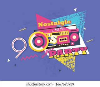 Party time The 90s style label. Vector illustration retro background