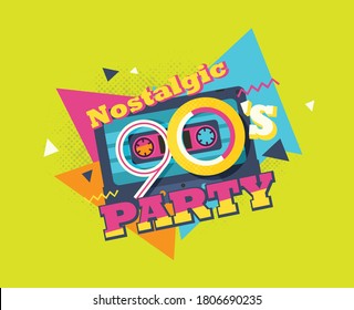 Party time The 90s style label. Vector illustration retro background