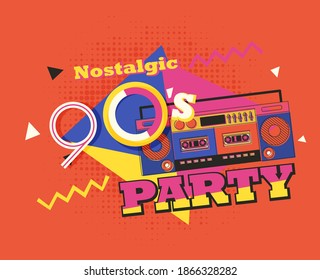 Party time The 90s style label. Vector illustration retro background