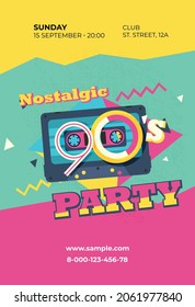 Party time The 90s style label. Vector illustration retro background