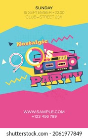 Party time The 90s style label. Vector illustration retro background