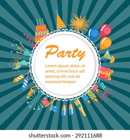Party time background with balloons, streamers, cake, fireworks, champagne, birthday hat, cocktails, candles, vector illustration