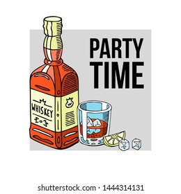 Party time banner vector illustration. Bottle of alcohol drink with label and glass of whiskey with ice cubes and slice of lemon. Product packaging brand design. Beverages.