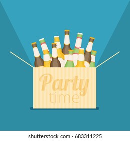 Party time. Box with beer flat vector.