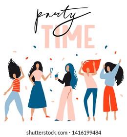 Party time card, poster. Girls celebrating, dancing. Vector flat design. New Year, Birthday event, club or music concert. Fun female characters. Joyful emotions. Woman illustration in cartoon style