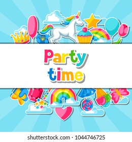 Party time. Card with unicorn and fantasy items.