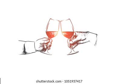 Party time concept. Hand drawn male hands with glass of wine. Hands of persons clink glasses with alcohol isolated vector illustration.