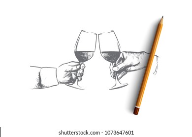 Party time concept. Hand drawn male hands with glass of wine. Hands of persons clink glasses with alcohol isolated vector illustration.