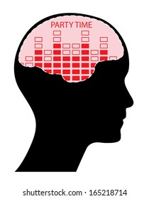 Party time concept with human head and red sound waves. Isolated easy to edit vector. 