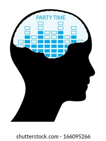 Party time concept with human head and blue sound waves. Isolated creative eps10 vector illustration. Raster version available in my portfolio.