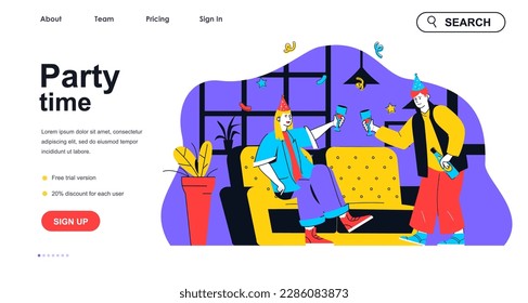 Party time concept for landing page template. Couple in festive cones drinking and relaxing. Celebrating holiday at home people scene. Vector illustration with flat character design for web banner