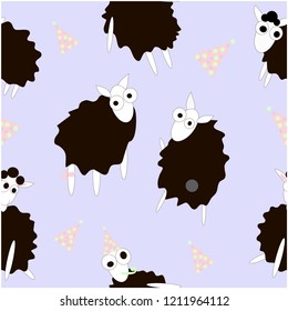 Party time. Cute black sheep. Violet background. Vector hand drawn
