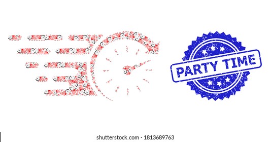 Party Time dirty stamp seal and vector recursion mosaic time. Blue stamp seal includes Party Time tag inside rosette. Vector collage is made of random rotated time icons.