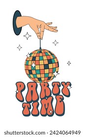 Party time. Disco ball in hand. Groovy. Clockwork elements in a retro hippie 70's style. Vector illustration