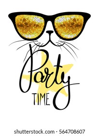 Party time, fanny cat / Vector illustration, print, background with funny cat in glasses