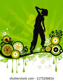 Party time flyer. Dancing elegant template with young detailed silhouettes of girl. Vector illustration for print or background