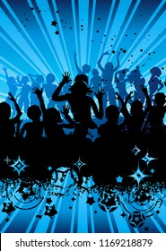 Party time flyer. Dancing hip-hop people. Elegant template with group of young detailed silhouettes of girls. Vector illustration for print or background