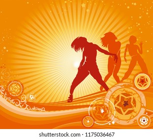 Party time flyer. Dancing hip-hop people. Elegant template with group of young detailed silhouettes of girls. Vector illustration for print or background.