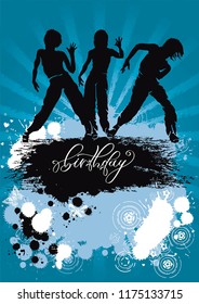 Party time flyer. Dancing hip-hop people. Elegant template with group of young detailed silhouettes of girls. Vector illustration for print or background
