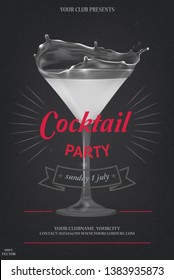 Party time Flyer Design with a cocktail glass on grounge black background. It can be useful whether it is a specific show, club event, or special attraction,   concert, gig, nightclub, lounge party.