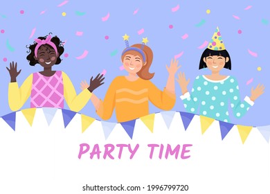 Party time. Girls are dancing, have fun and celebrate the holiday.