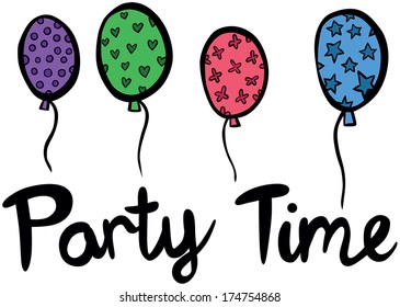 Party Time Hand Written Type with Four Balloons 