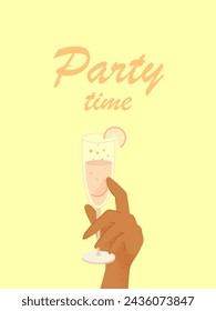 Party time. Human hand is holding champagne cocktail. Modern cold alcoholic and non-alcoholic drinks with ice and lemon. Summer card with drinks on the yellow background.