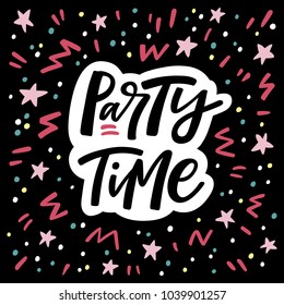 Party Time lettering poster. Colored greeting card. Vector illustration