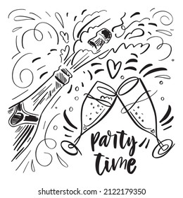 Party Time lettering poster.Hand drawn illustration of champagne bottle and glass