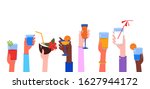 Party time with multiple raised hands holding cocktails glasses. Horizontal vector background for web banners and special event flyers.