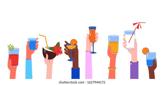 Party time with multiple raised hands holding cocktails glasses. Horizontal vector background for web banners and special event flyers.