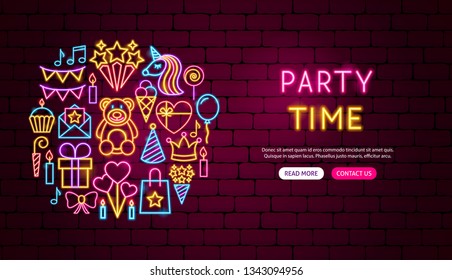 Party Time Neon Banner Design. Vector Illustration of Celebration Promotion.