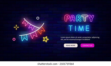 Party time neon invitation. Colorful paper garland with flags. Website template and mobile apps. Night bright flyer. Shiny landing page. Vector stock illustration