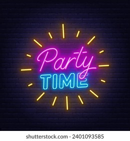 Party Time neon lettering on brick wall background