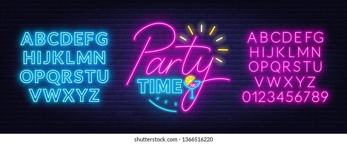 Party Time Neon Lettering In Retro Style. Neon Fonts