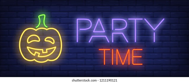 Party time neon text with pumpkin. Halloween party invitation advertisement design. Night bright neon sign, colorful billboard, light banner. Vector illustration in neon style.