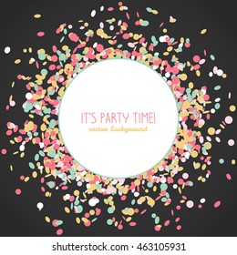 It's Party Time! poster. Colorful confetti frame with copy space. Contrast colors. Dark background. Round figure made of small pieces of paper. Can be used as postcard or banner.