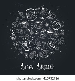 Party time poster concept. Concept for party  invitations design. Hand drawn doodle illustration with drinks and snacks. 