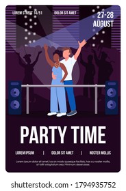 Party time poster flat vector template. Couple on fun date on musical concert. Weekend entertainment. Brochure, booklet one page concept design with cartoon characters. Night club flyer, leaflet