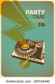 Afiche horario de la fiesta con turnable. Ilustración vectorial.