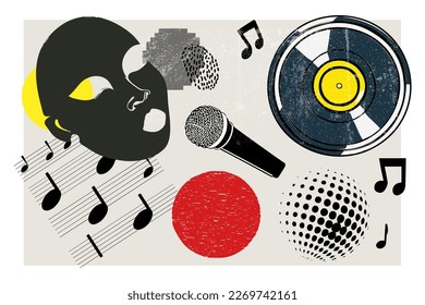 Party time realistic art collage with vinyl music plate and notes. Disco musical poster design