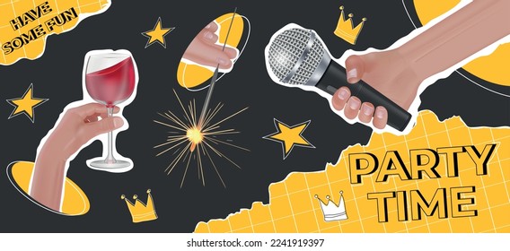 Party time realistic collage with human hands holding glass of red wine microphone bengal light in background with stars and crowns vector illustration