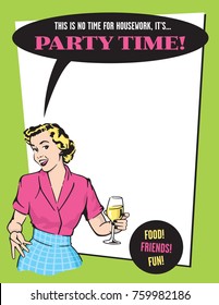 Party Time Retro Housewife Party Invitation
Vector Design Template with vintage style graphics featuring retro woman drinking wine. Just add your party details!