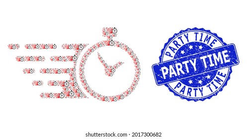 Party Time scratched round stamp seal and vector fractal collage time. Blue stamp seal includes Party Time caption inside round shape. Vector collage is organized from randomized time items.
